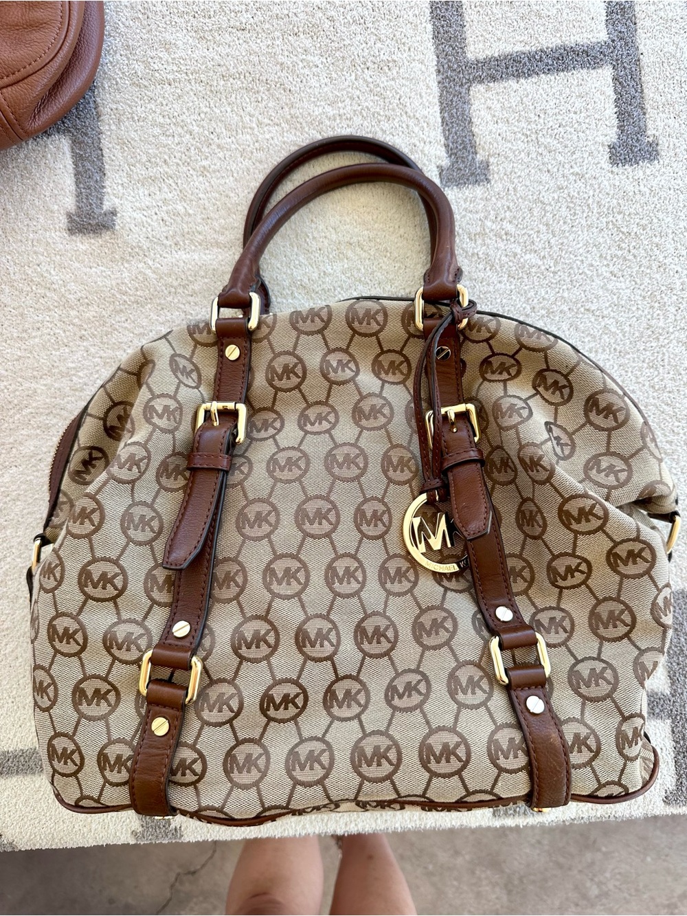 Michael Kors Beige and Brown MK Logo Satchel with Gold Hardware